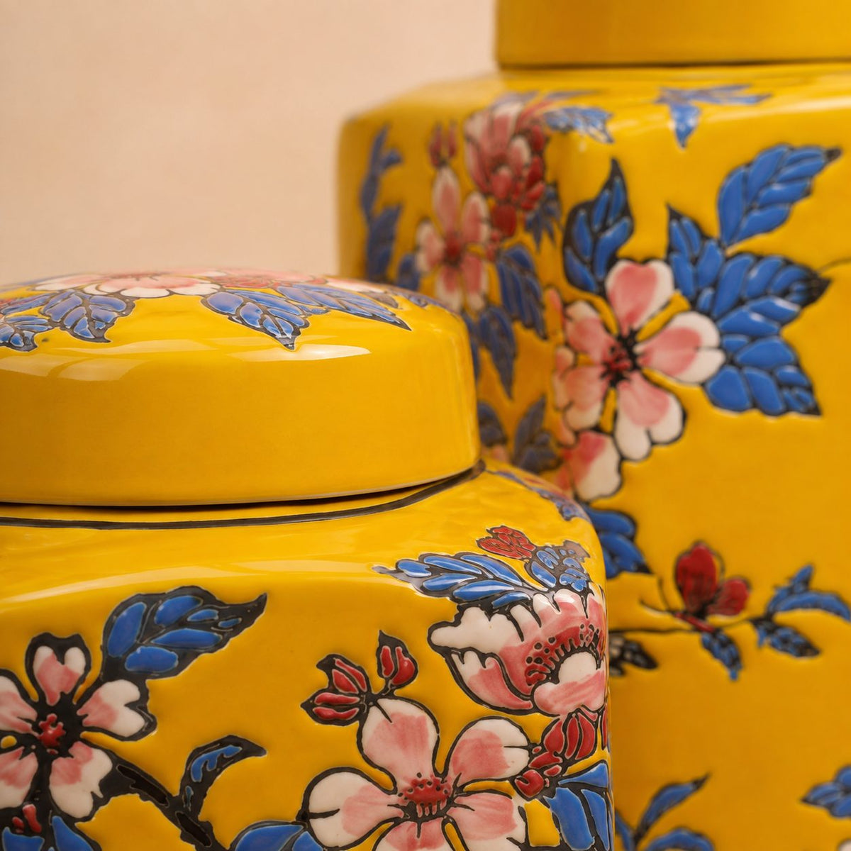 Marigold Blossom Hand-Painted Ceramic Jar – alternate angle | INARA