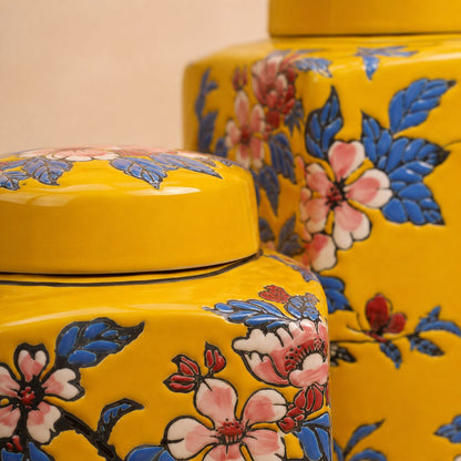 Marigold Blossom Hand-Painted Ceramic Jar – alternate angle | INARA