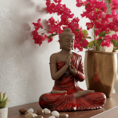Red ceramic Buddha statue displayed on a wooden shelf next to a gold vase with vibrant pink bougainvillea flowers, creating a serene indoor atmosphere.
