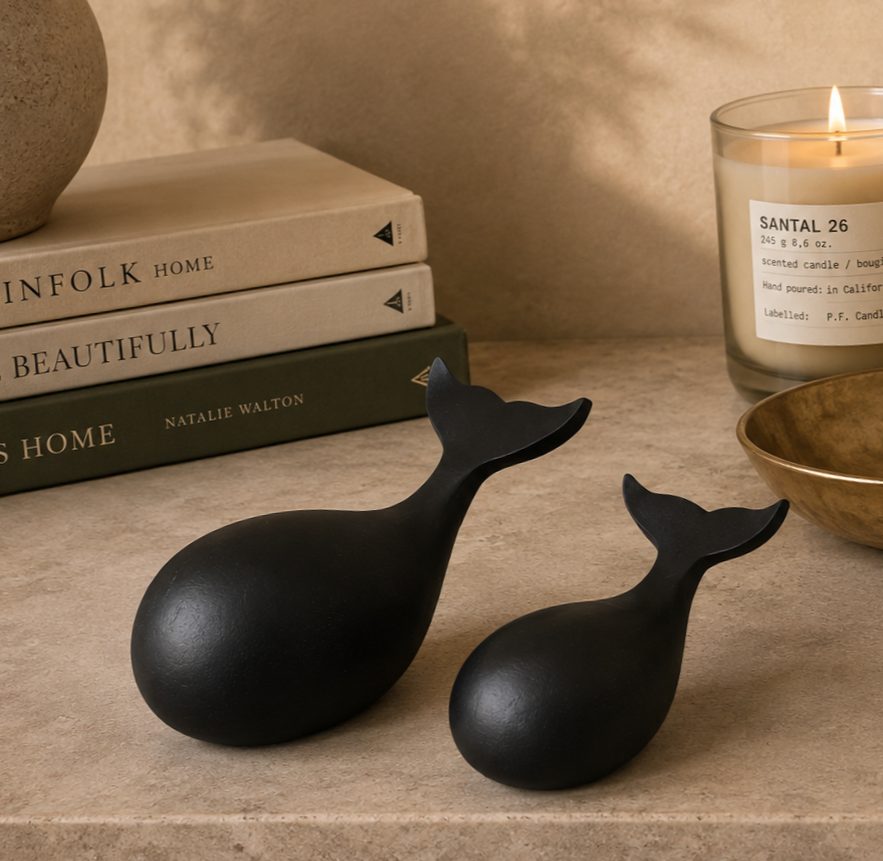 Elegant black whale sculpture set styled on a modern console table with books, candle, and decorative accessories.
