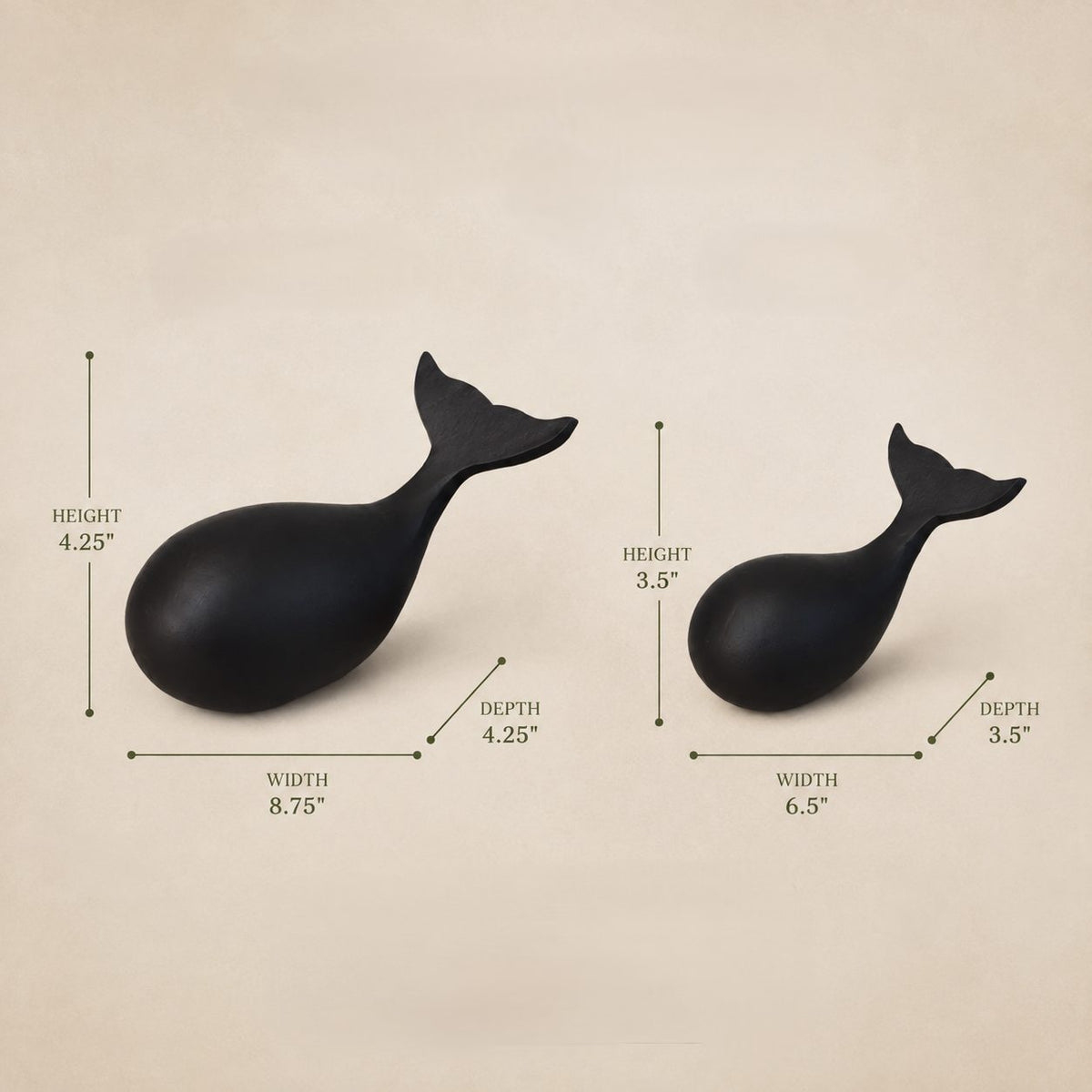 Size guide showing the dimensions of the large and small black whale sculptures for home décor styling.