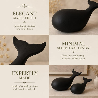 Feature collage highlighting the elegant matte finish, minimalist sculptural design, and handcrafted details of the black whale sculpture set.