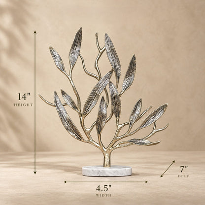 Dimensions guide for luxury metal olive tree sculpture measuring 14 inches high with marble base and modern decorative design.