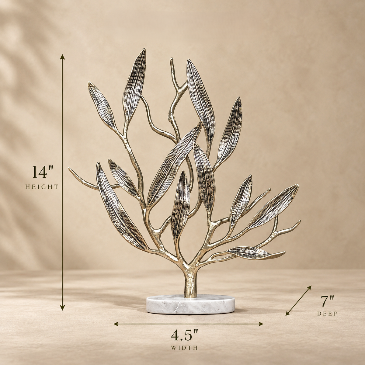 Dimensions guide for luxury metal olive tree sculpture measuring 14 inches high with marble base and modern decorative design.