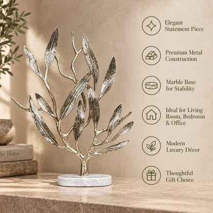 Features infographic of luxury metal olive tree sculpture highlighting premium metal construction, marble base, modern décor, and gifting appeal.