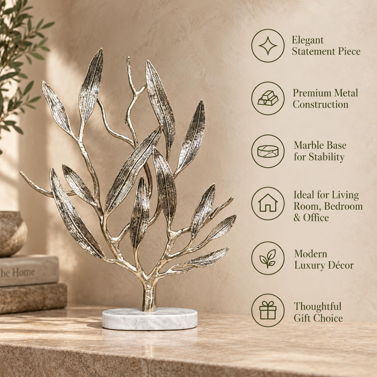 Features infographic of luxury metal olive tree sculpture highlighting premium metal construction, marble base, modern décor, and gifting appeal.