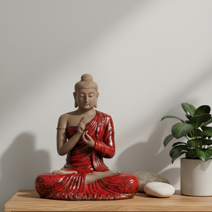 Modern home decor featuring a red ceramic Buddha statue on a light wood surface next to a white potted green plant against a clean grey wall.