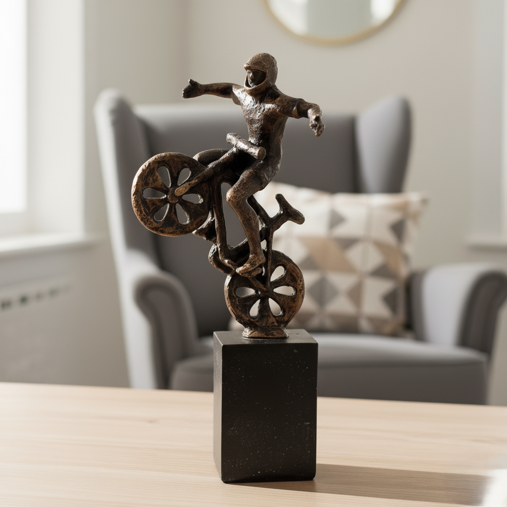 A minimalist lifestyle shot of a bronze-finished cyclist statue on a light wood table with a soft-focus gray armchair in the background.