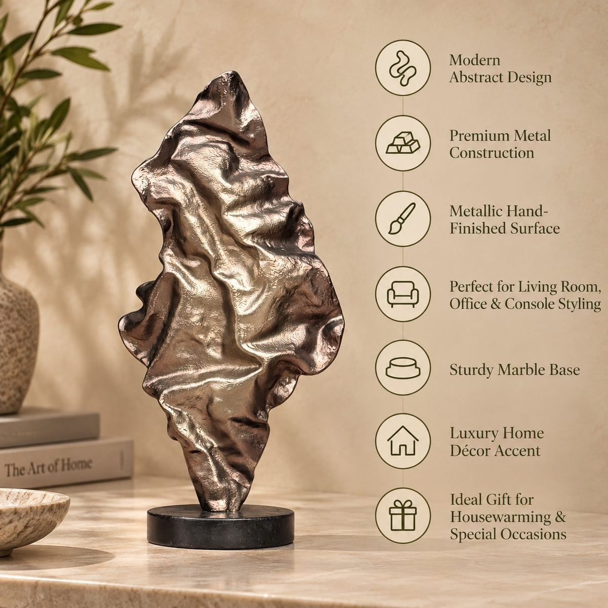 Modern abstract metal sculpture features and benefits infographic showcasing premium metal construction, metallic hand-finished surface, sturdy marble base, luxury home décor styling, and ideal gifting for living rooms, offices, and console tables by Inara Home Decor.