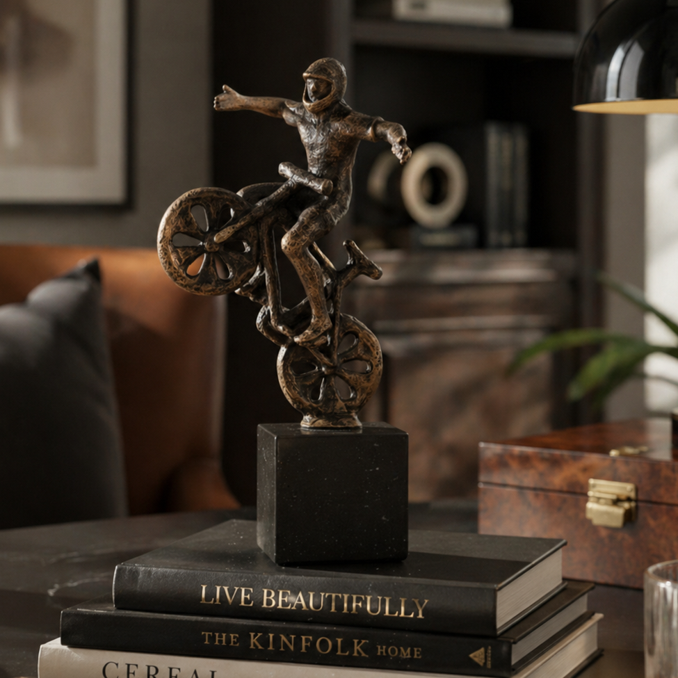 Bronze biker stunt sculpture displayed on stacked coffee table books in a sophisticated modern office and living room setup with warm ambient lighting