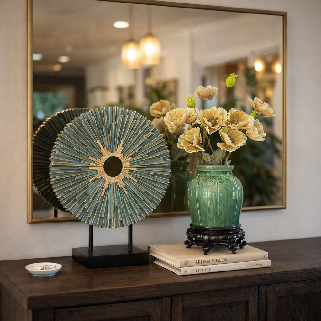 Sunburst decorative sculpture and green ceramic vase with flowers styled on a wooden console table with a mirror in a modern home interior