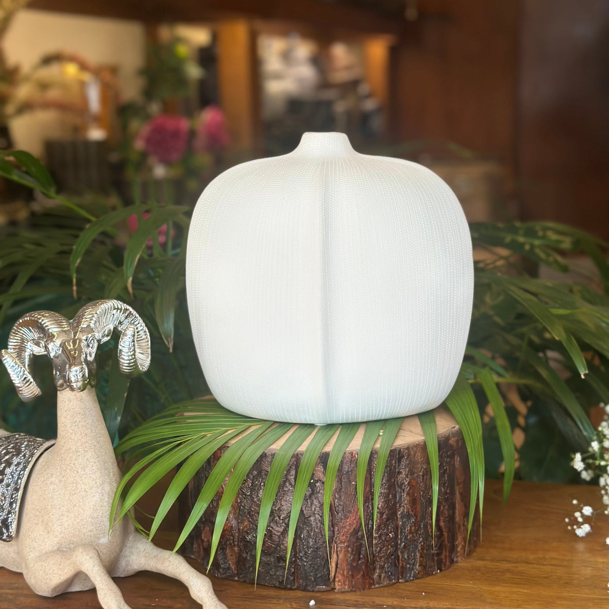 A modern, matte white ceramic bud vase with a fine ribbed texture, shaped like a stylized pumpkin, displayed on a wooden log base among green tropical leaves