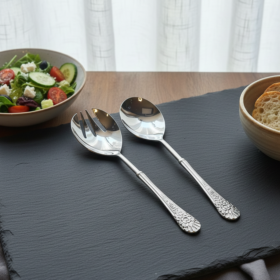 A silver salad spoon and fork set laid out on a dark grey slate board next to a fresh garden salad and a bowl of bread.