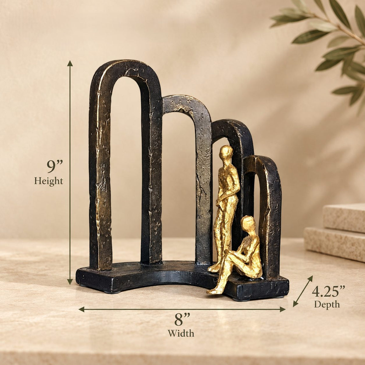 Dimensions of the Modern Togetherness resin sculpture measuring 9 inches high, 8 inches wide, and 4.25 inches deep.