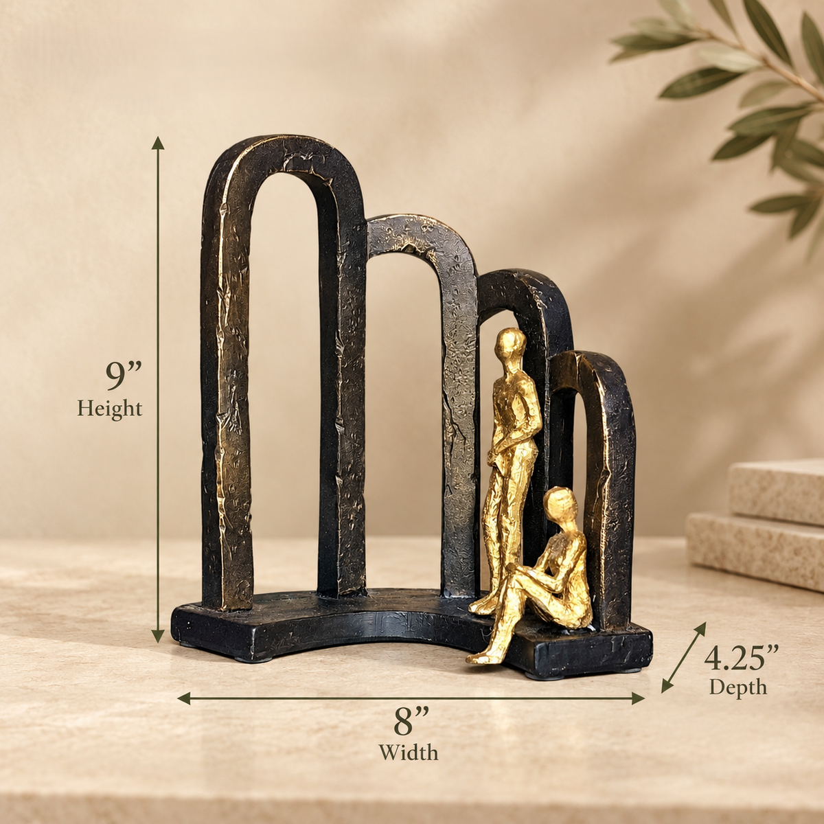 Dimensions of the Modern Togetherness resin sculpture measuring 9 inches high, 8 inches wide, and 4.25 inches deep.
