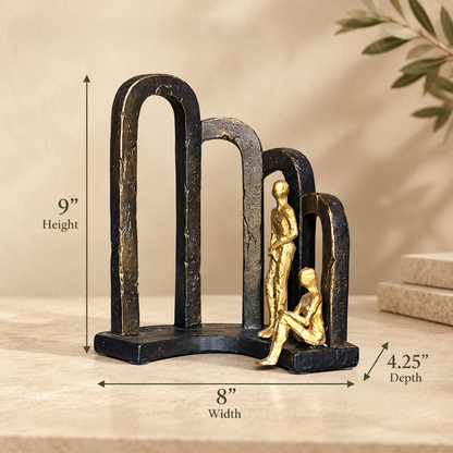 Dimensions of the Modern Togetherness resin sculpture measuring 9 inches high, 8 inches wide, and 4.25 inches deep.
