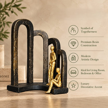 Features infographic of the Modern Togetherness resin sculpture highlighting symbol of togetherness, premium resin construction, modern artistic design, and luxury home décor.