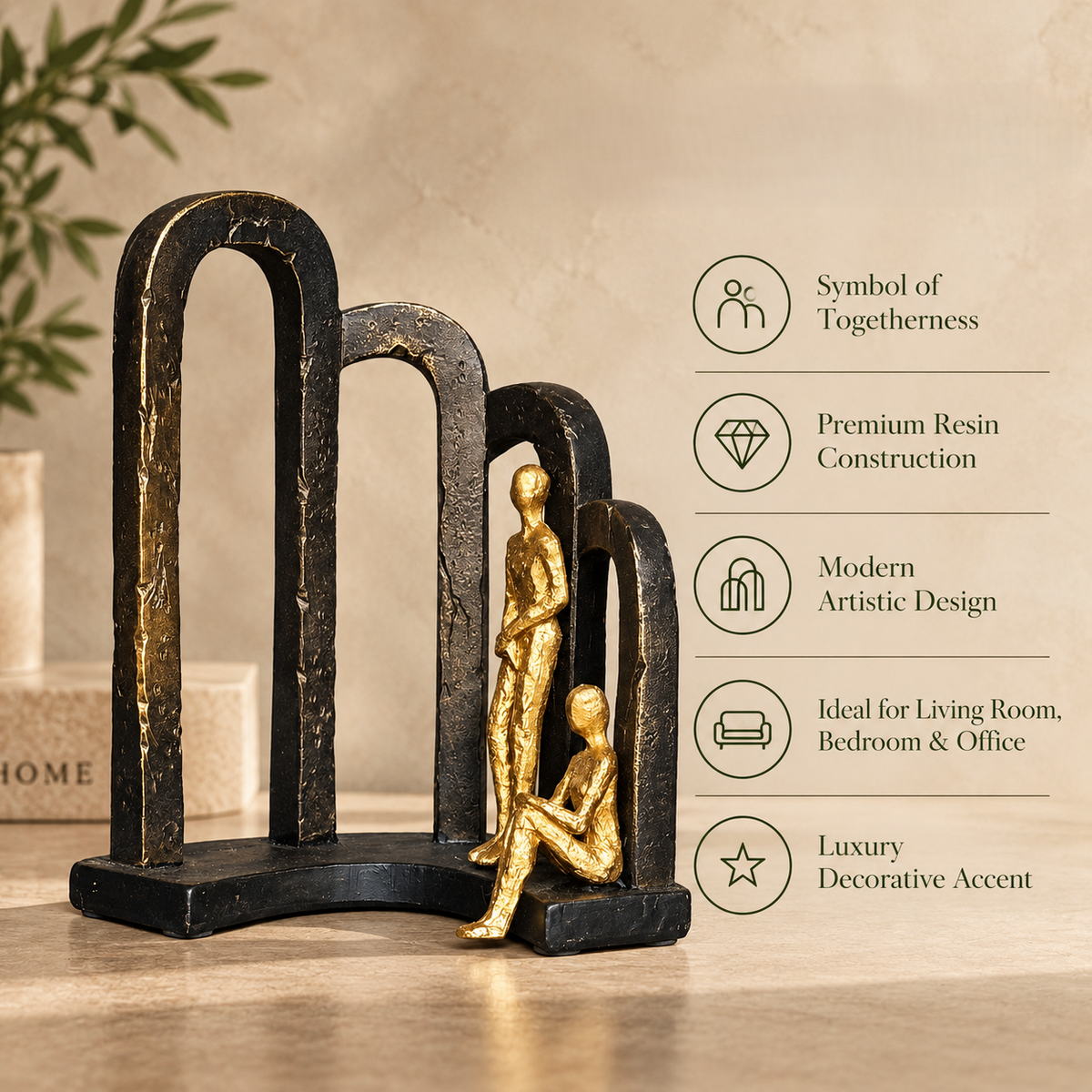 Features infographic of the Modern Togetherness resin sculpture highlighting symbol of togetherness, premium resin construction, modern artistic design, and luxury home décor.