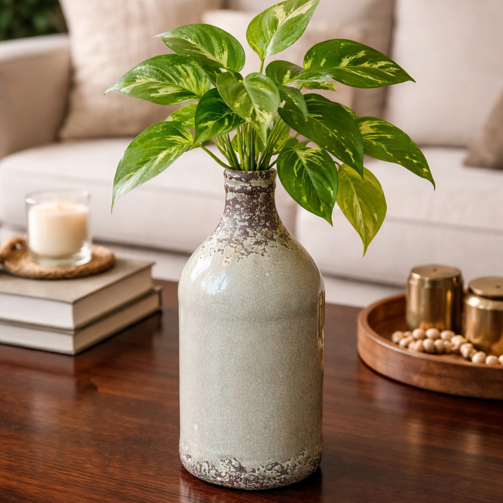 Money plant in a rustic crackle-glazed ceramic vase placed on a dark polished wooden coffee table in a modern living room setting.