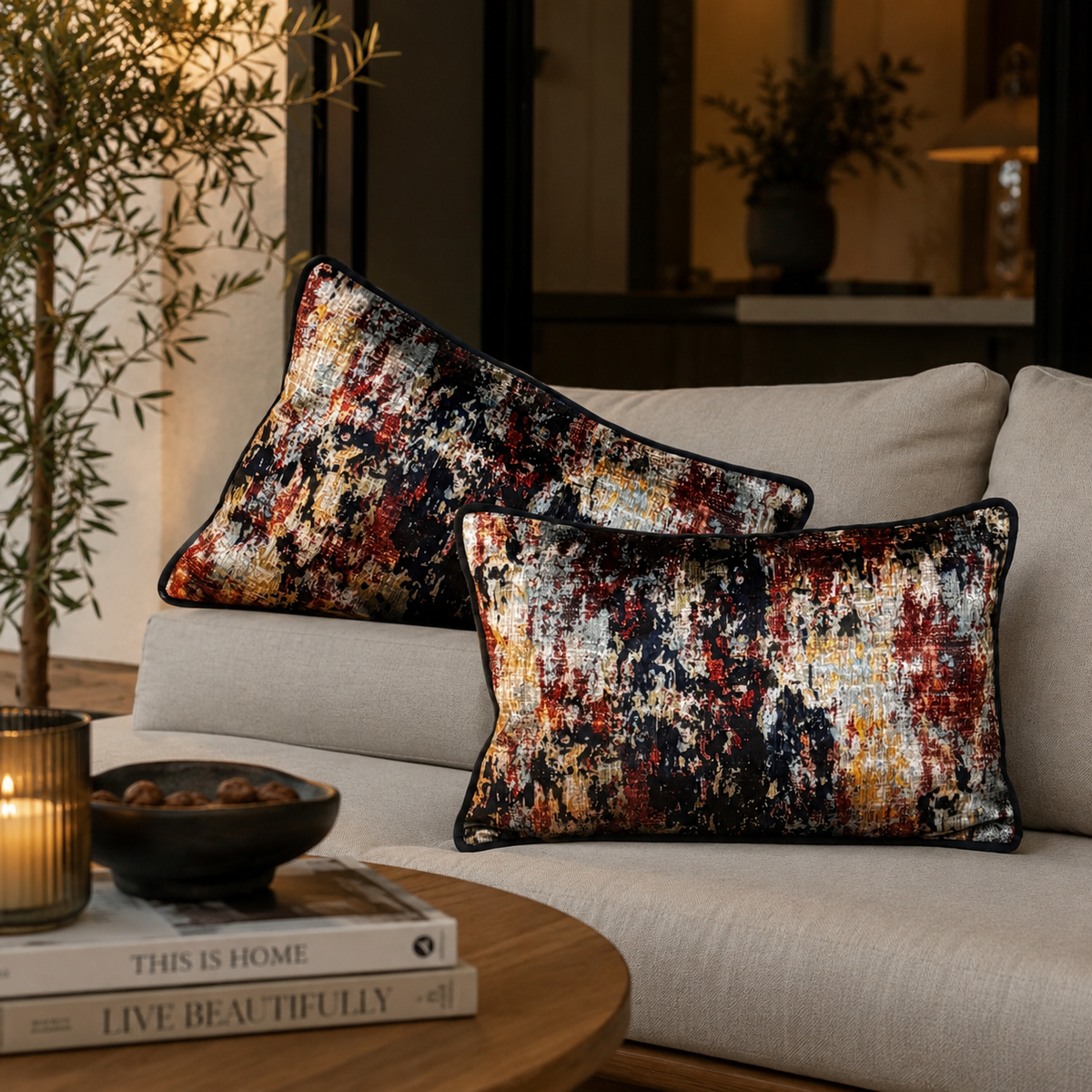 Abstract multicolor lumbar cushion covers styled on a beige sofa in a modern luxury living room, featuring artistic navy, rust, gold, and ivory patterns for elegant home décor.
