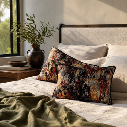 Pair of abstract multicolor velvet cushion covers styled on a bed in a modern bedroom with natural daylight, neutral bedding, and elegant home décor accents.