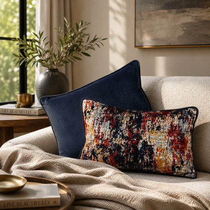 Abstract multicolor velvet cushion cover paired with a navy blue velvet cushion on a beige sofa in a modern living room with natural daylight and elegant décor accents.