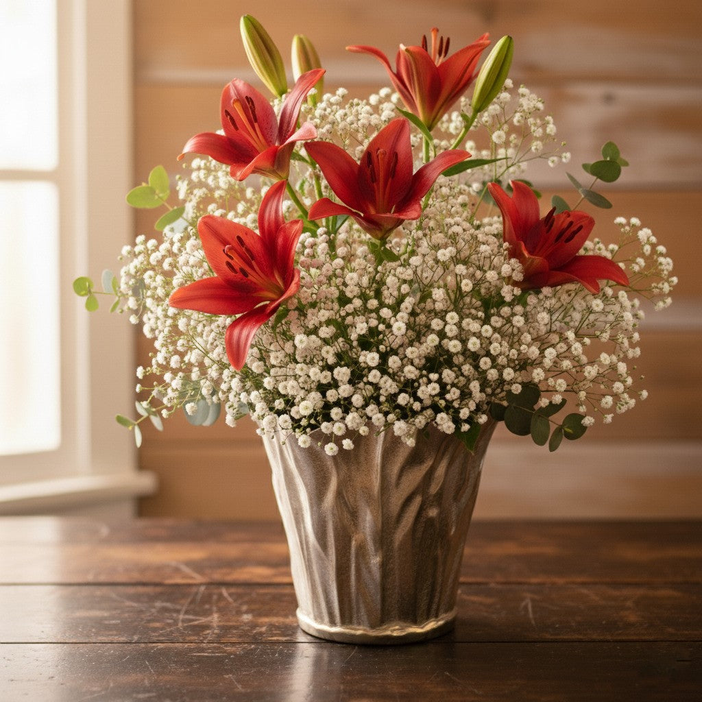 Decorative ice bucket used as vase for flowers on table