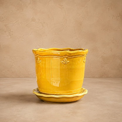 Premium mustard glazed ceramic planter with matching saucer featuring embossed floral detailing, ideal for indoor plants and luxury home décor.