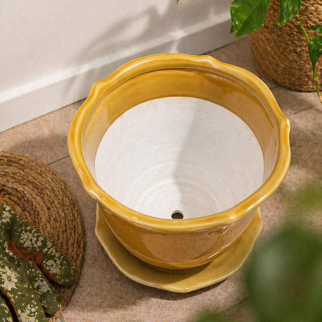 Mustard yellow ceramic planter showing smooth glazed inner surface and drainage hole in a styled indoor setting