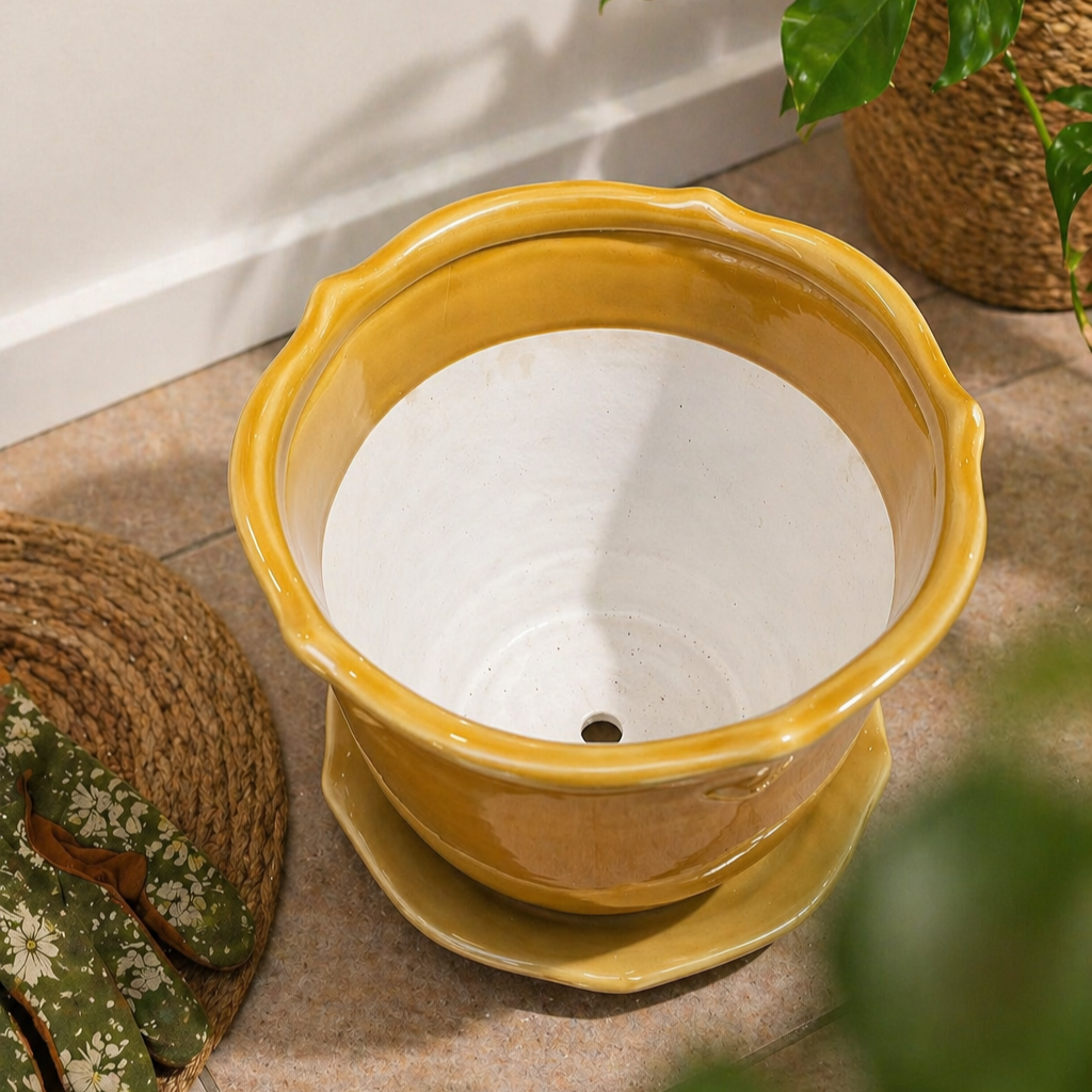 Mustard yellow ceramic planter showing smooth glazed inner surface and drainage hole in a styled indoor setting