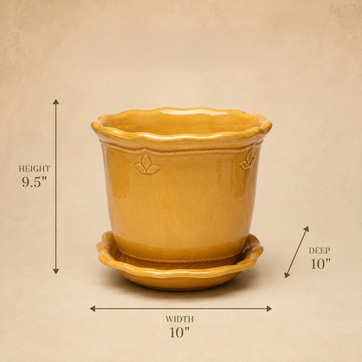 Dimensions of the premium mustard glazed ceramic planter with saucer showing 9.5-inch height, 10-inch width, and 10-inch depth.