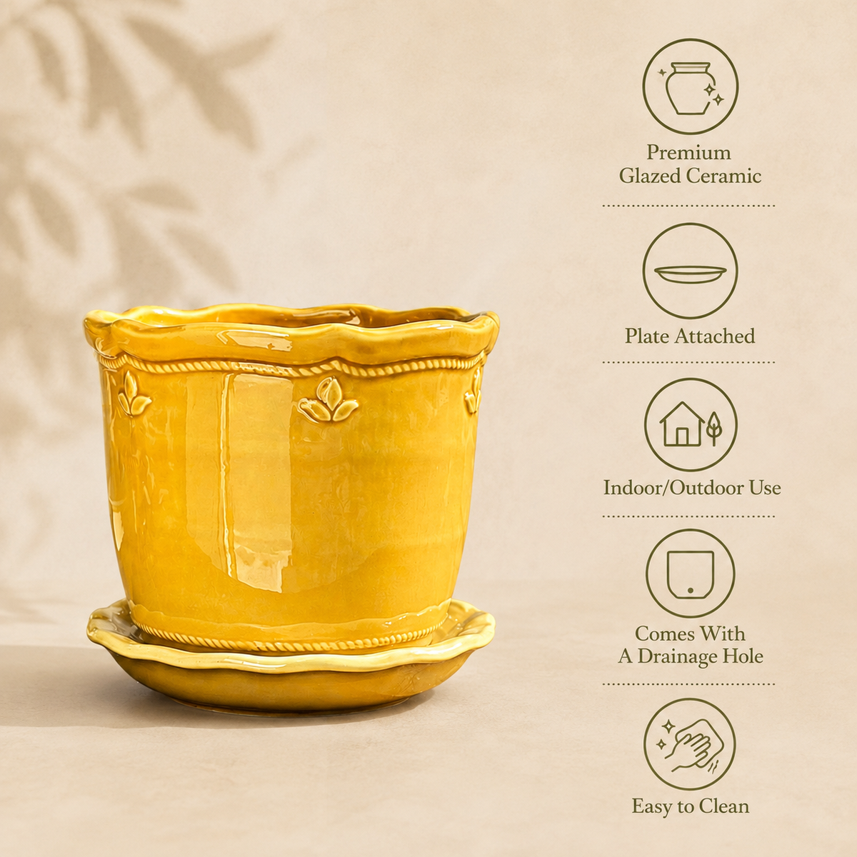Premium glazed ceramic planter with attached saucer, drainage hole, indoor and outdoor use, and easy-to-clean glossy finish.
