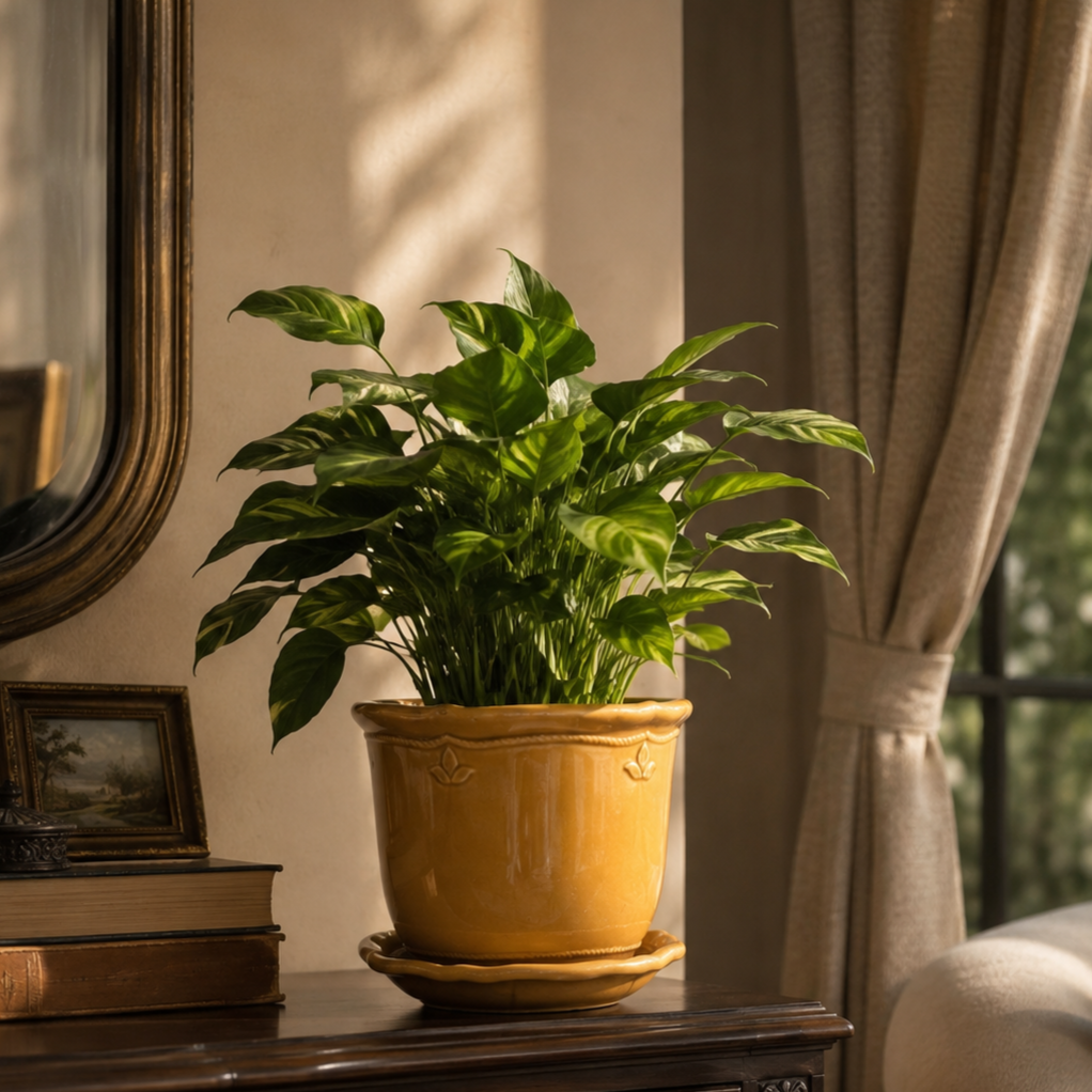 Mustard glazed ceramic planter styled with a lush green indoor plant on a wooden console, adding warmth and elegance to modern home interiors.
