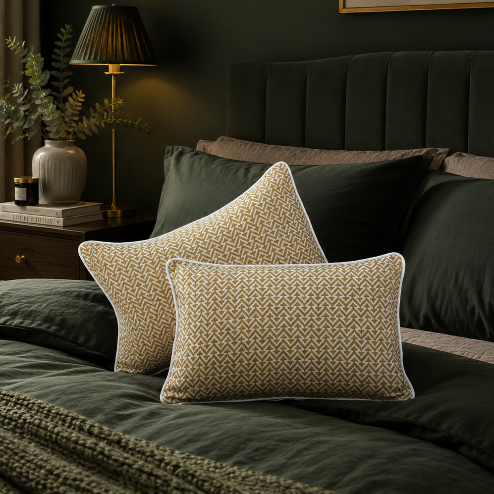 Mustard and white cotton silk cushion covers styled on a bed in a luxury bedroom with a dark green theme, adding warmth and elegance to modern home décor by Inara Home Decor.