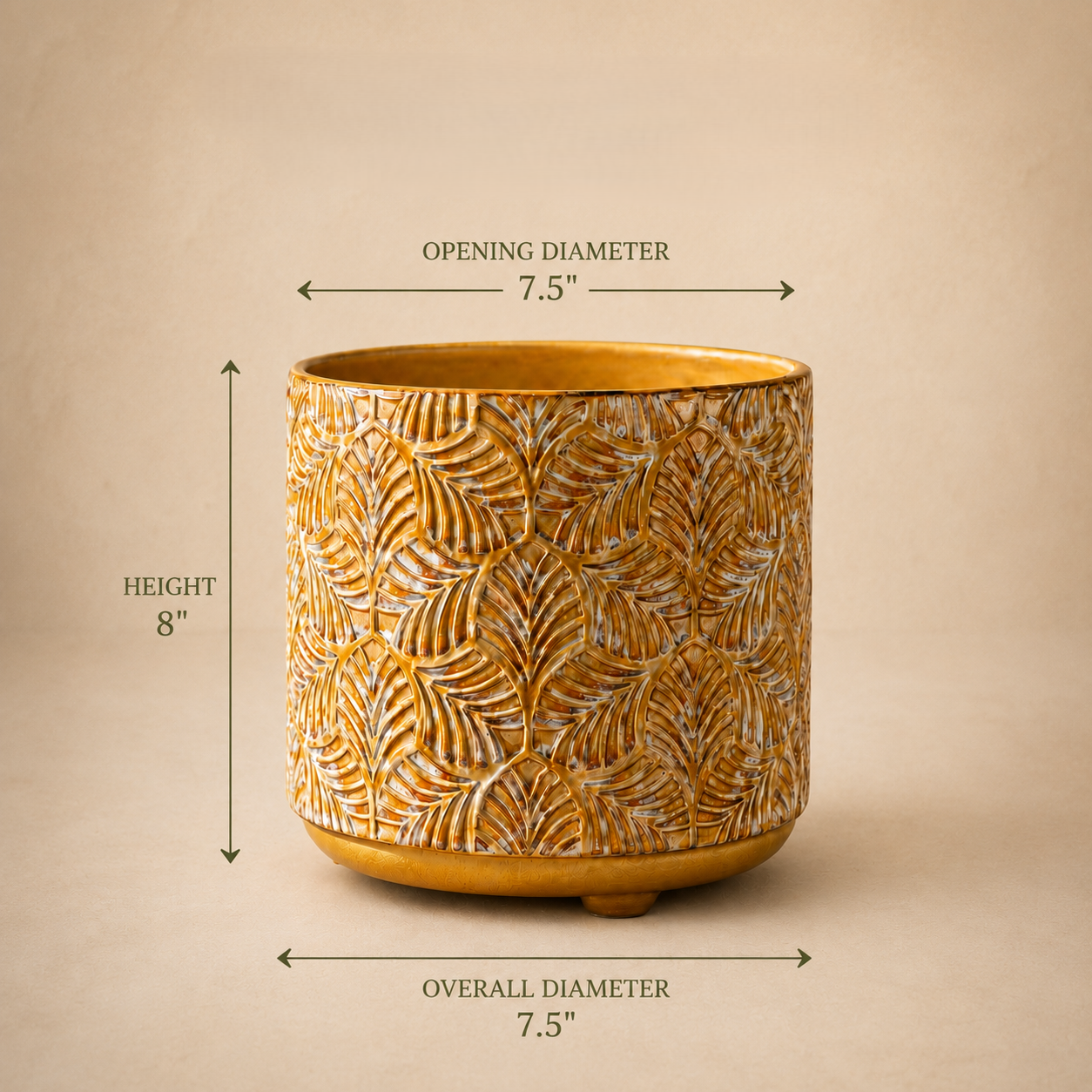 Dimension guide for mustard yellow embossed ceramic planter showing 8-inch height, 7.5-inch opening diameter, and 7.5-inch overall diameter.