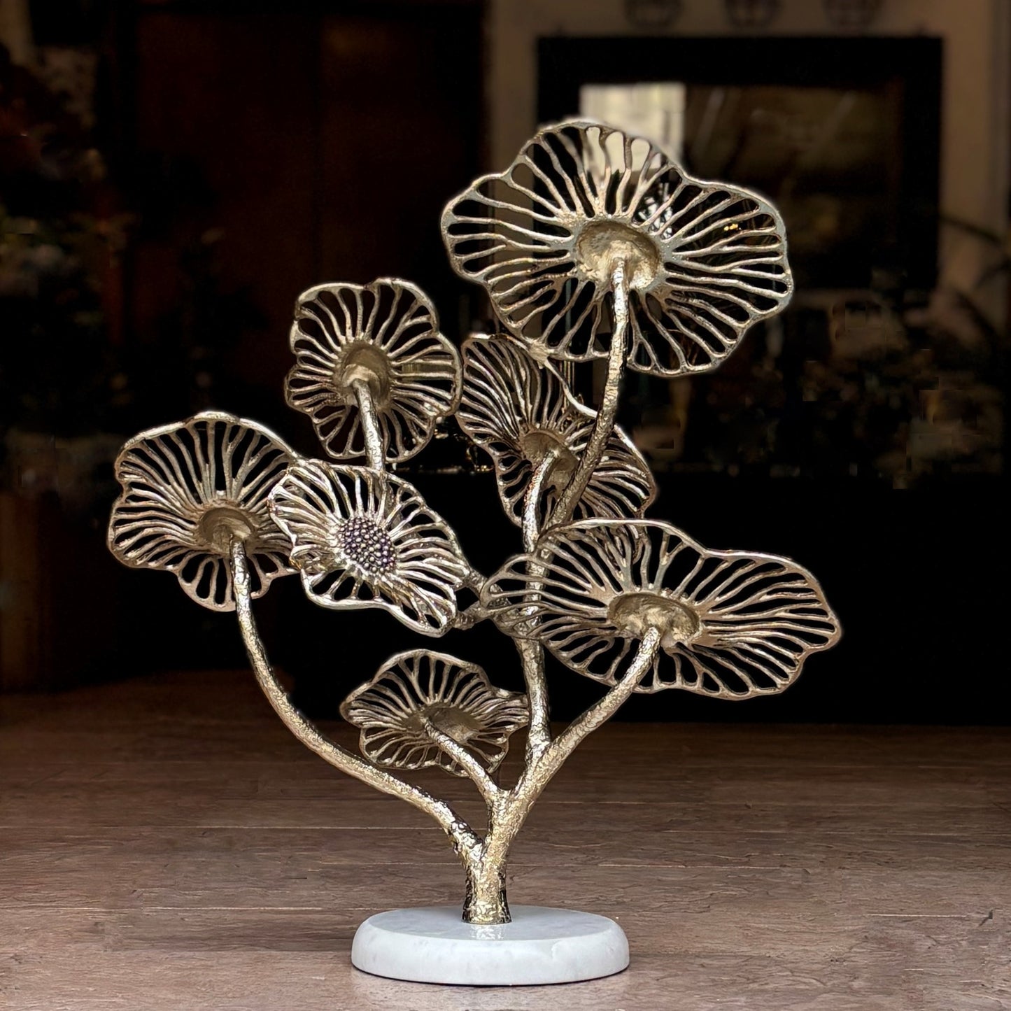 Nickel  Floral Sculpture With Marble Base