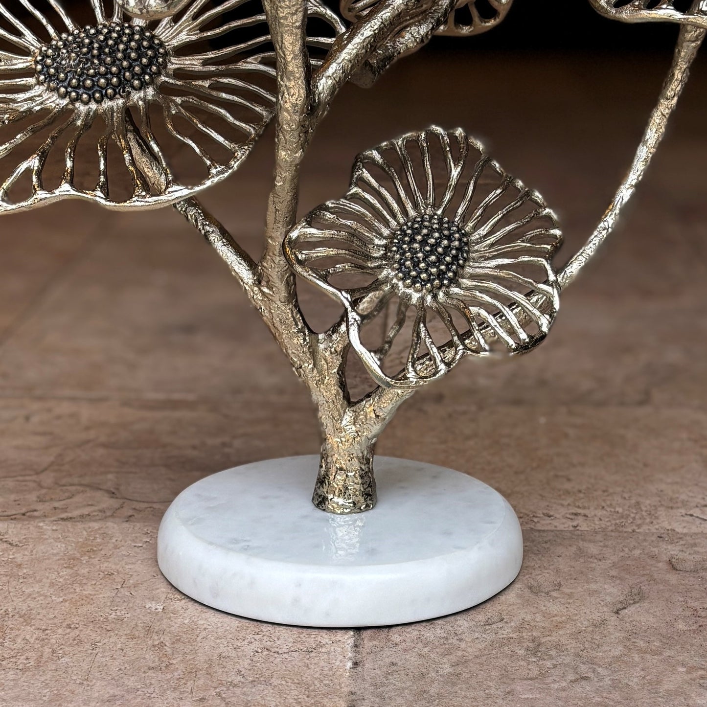 Nickel  Floral Sculpture With Marble Base