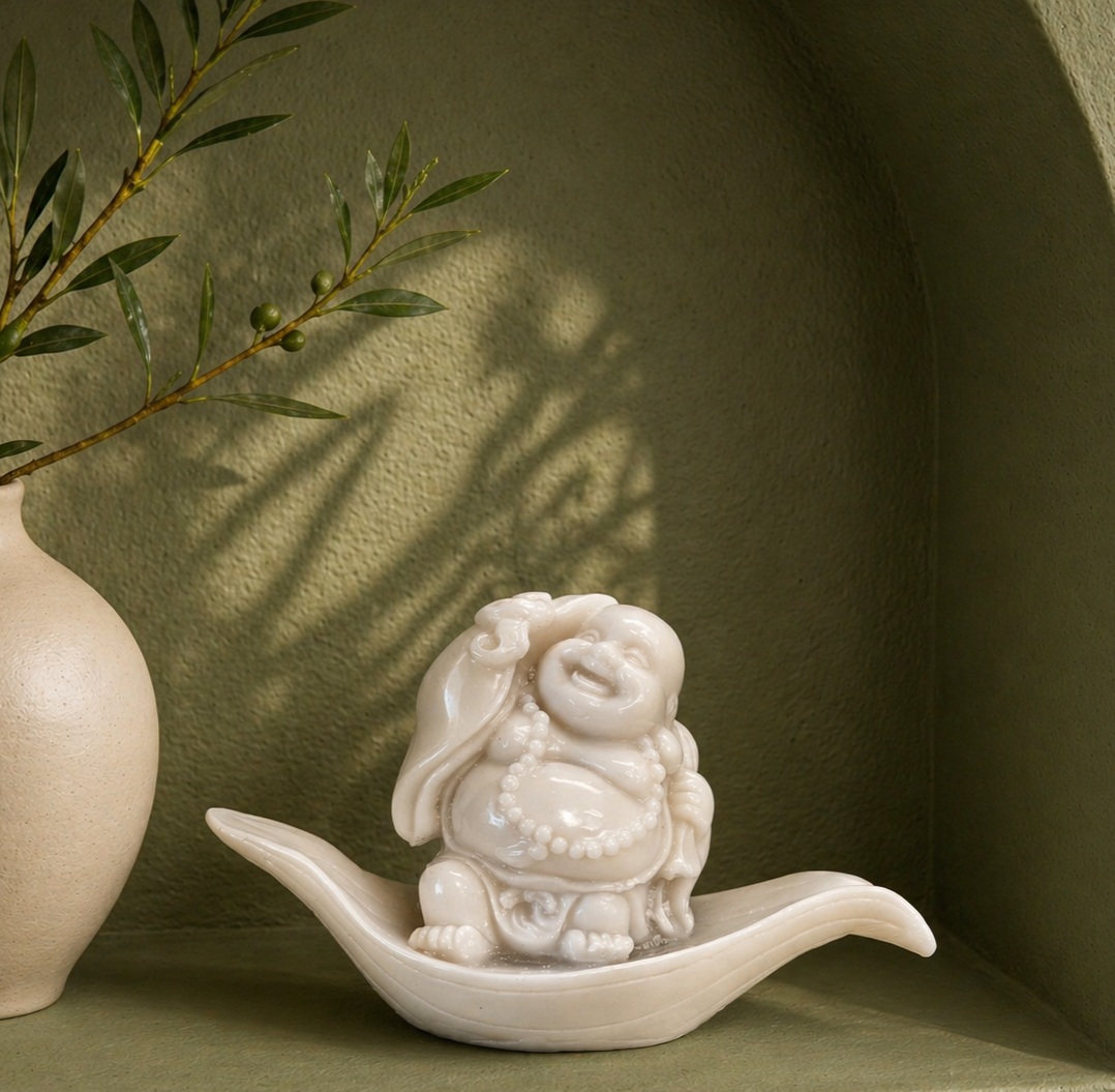 Glossy white Laughing Buddha figurine placed on a leaf-shaped tray inside an olive green arched wall niche with a ceramic vase and olive branches, creating a serene zen-inspired home décor setting.