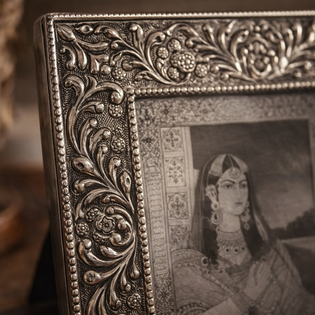 Close-up of an ornate antique silver photo frame with intricate floral embossing, featuring a vintage Indian royal portrait, styled in a warm luxury home décor setting.