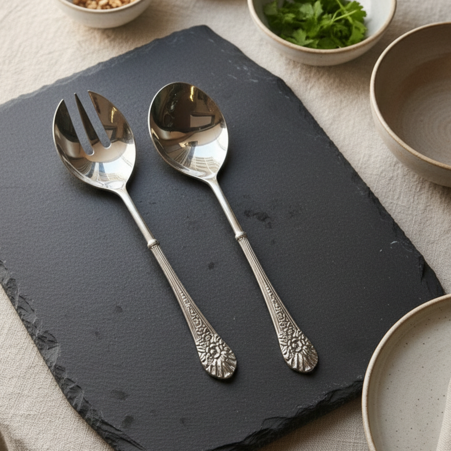 Flatlay view of a pair of heavy silver salad servers on a black slate stone, highlighting the decorative embossed floral patterns on the handles.