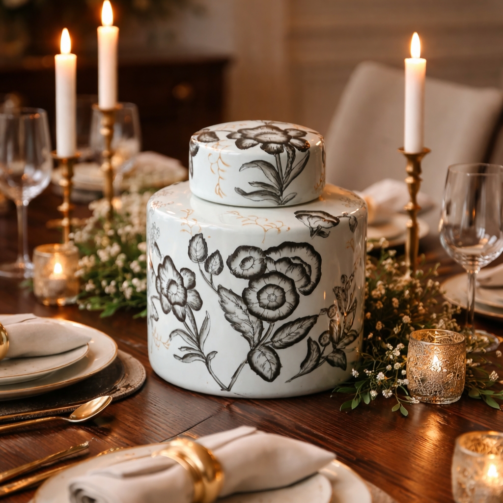Pale blue floral ceramic ginger jar styled as a dining table centerpiece with gold-rimmed dinnerware, neutral linen napkins, and soft candlelight in an elegant modern classic interior.