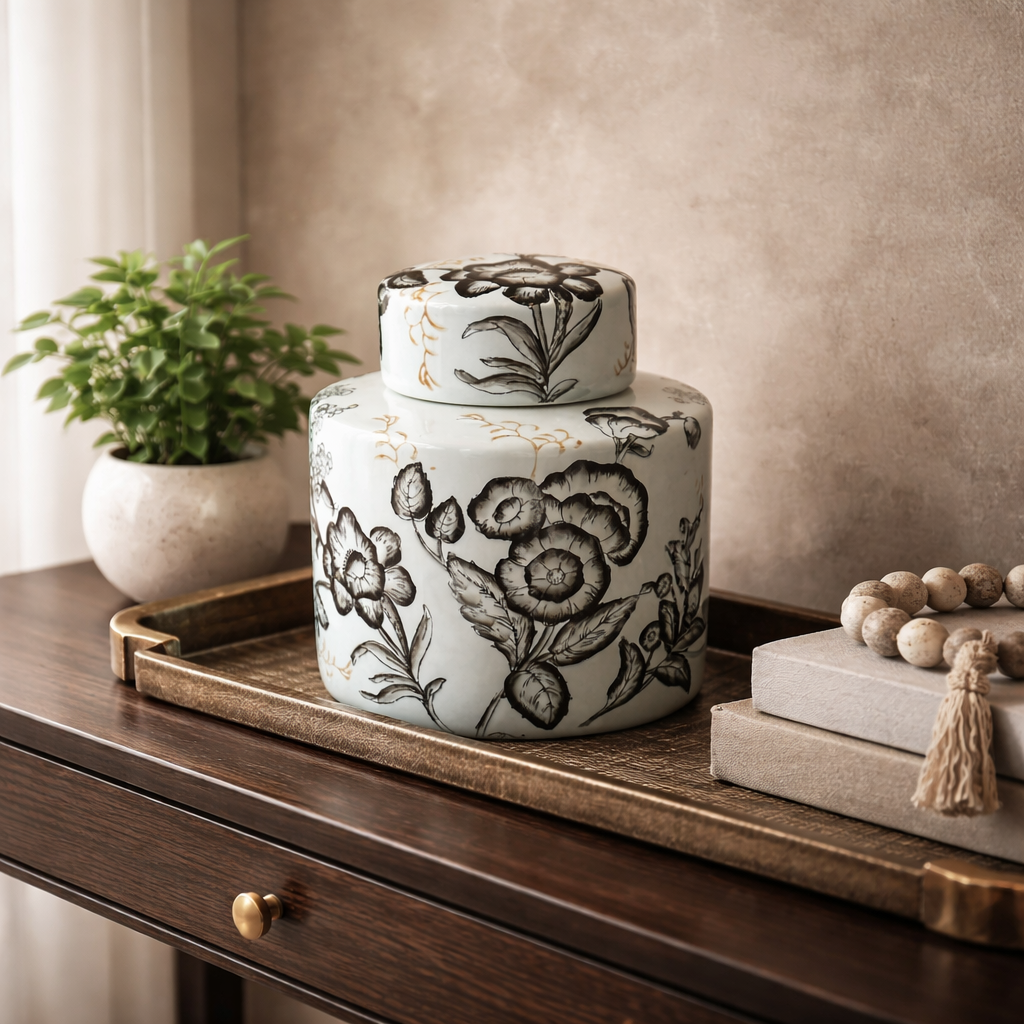 Pale blue floral ceramic ginger jar styled on a dark wood console table in an elegant entryway with decorative tray, indoor plant, and stacked books in soft natural light.