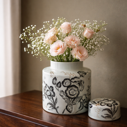 Pale blue hand-painted floral ceramic jar used as a flower vase with white baby’s breath and blush pink flowers, styled on a dark wood console against an olive wall in elegant luxury home décor setting.