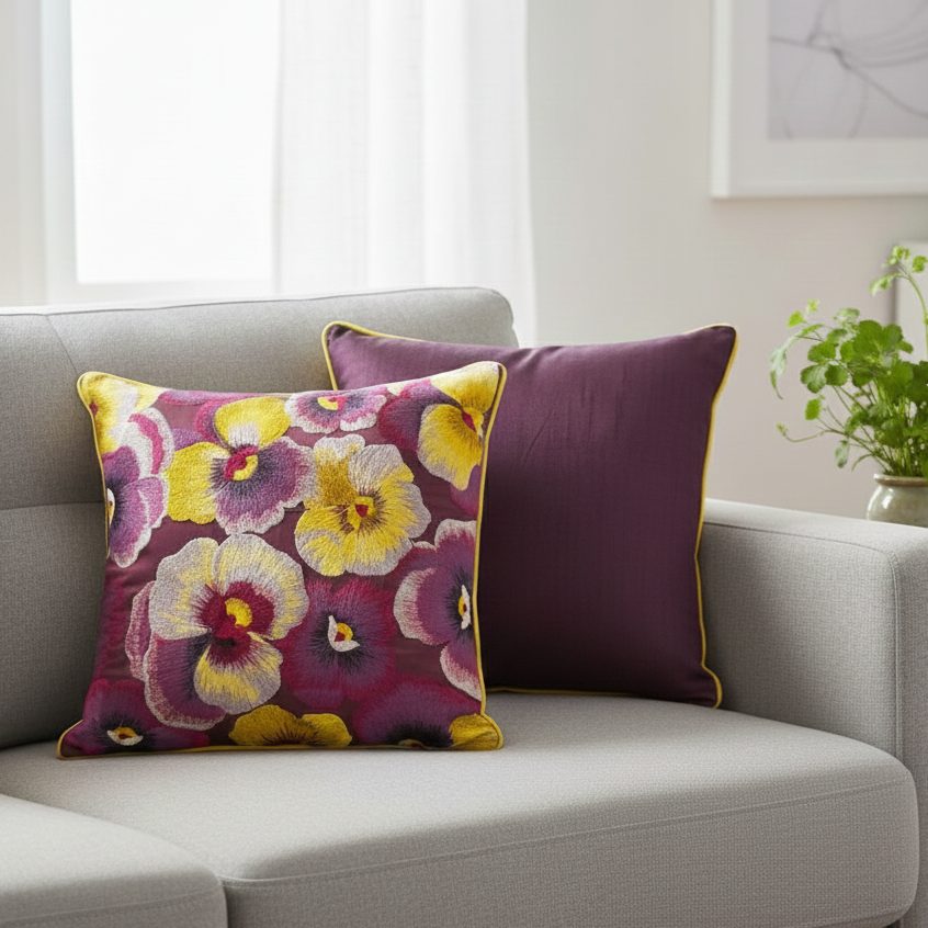 Pansy Flower Cushion Cover 16x16 – close-up detail view | INARA
