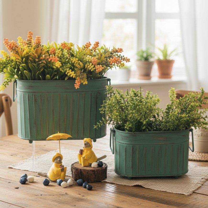 Vintage patina ribbed metal planter set with artificial greenery displayed on a wooden table in a bright luxury home interior.
