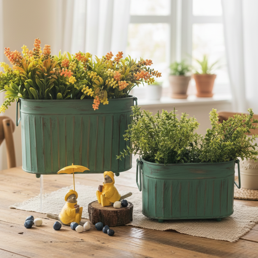 Vintage patina ribbed metal planter set with artificial greenery displayed on a wooden table in a bright luxury home interior.