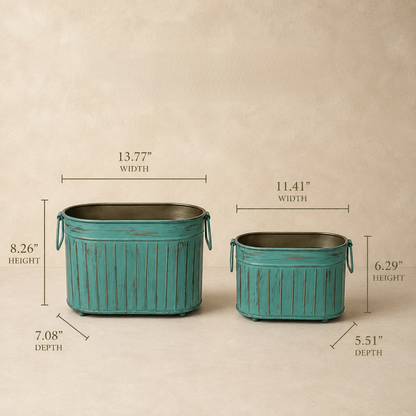 Dimensions infographic of the Vintage Patina Ribbed Metal Planter Set of 2 featuring width, height, and depth measurements for both handcrafted turquoise metal planters