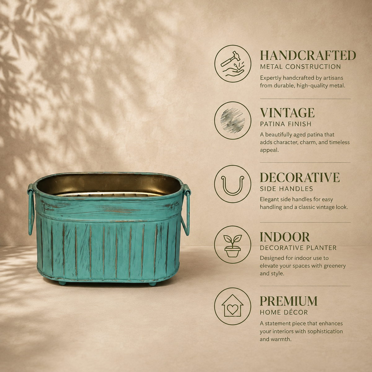 Feature infographic showcasing the handcrafted metal construction, vintage patina finish, decorative side handles, indoor use, and premium home décor design of the Vintage Patina Ribbed Metal Planter.