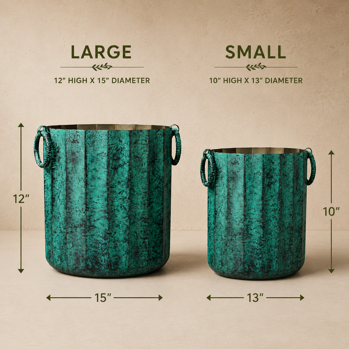 Vintage green metal planter size comparison showing large (12 inch H x 15 inch D) and small (10 inch H x 13 inch D) decorative indoor planters with side handles.