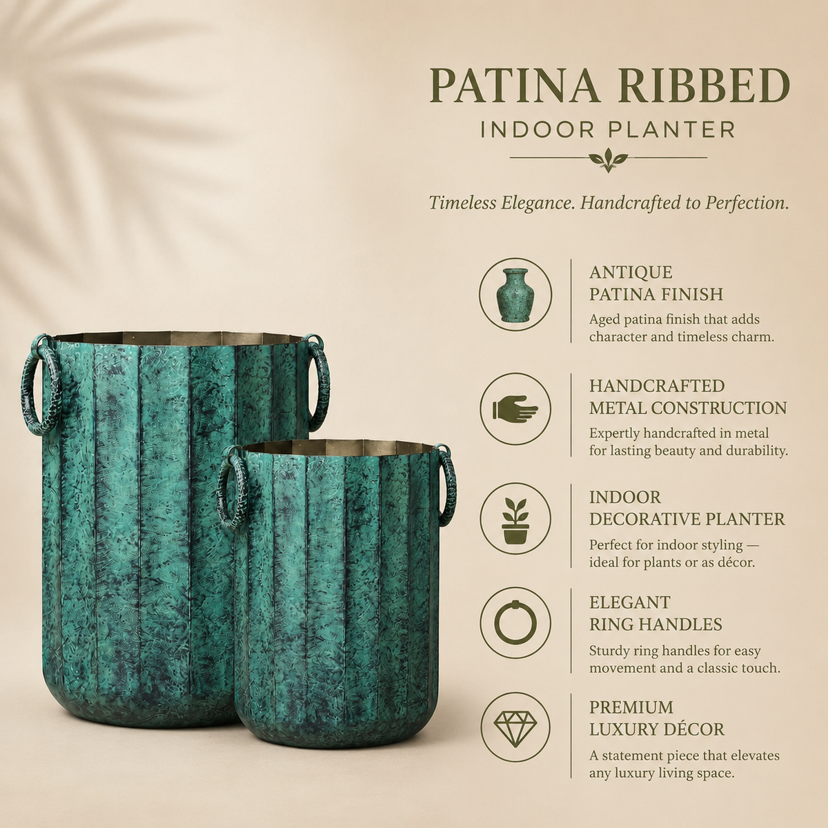 Feature highlights infographic of the Patina Ribbed Indoor Metal Planter by Inara, showcasing antique patina finish, handcrafted metal construction, elegant ring handles, indoor decorative use, and premium luxury décor.